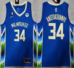 Milwaukee Bucks 34# Giannis Antetokounmpo blue nba basketball Jersey 6 patch-XD