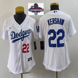 Youth 2024 World Series Champions patch Nike Los Angeles Dodgers 22 Clayton Kershaw white majestic baseball jerseys