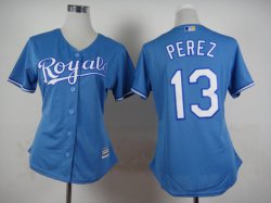 women Kansas City Royals 13 Salvador Perez light blue baseball jersey