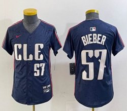 Youth Nike Cleveland Indians #57 Shane Bieber blue majestic baseball jersey -BD 03