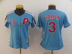 Women Philadelphia Phillies #3 Bryce Harper blue throwback baseball jersey