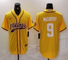 Minnesota Vikings #9 J.J. McCarthy yellow baseball jersey Joint Name