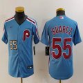 Youth Nike Philadelphia Phillies #55 Ranger Suarez skyblue throwback majestaic baseball jersey 01