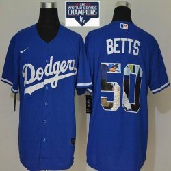 Nike Los Angeles Dodgers #50 Mookie Betts Blue Fashion Majestic Baseball Jerseys 2020 Dodger World Series