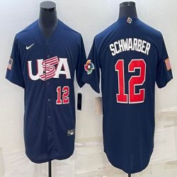 2023 World Cup #12 Kyle Schwarber blue USA majestic baseball jerseys 01